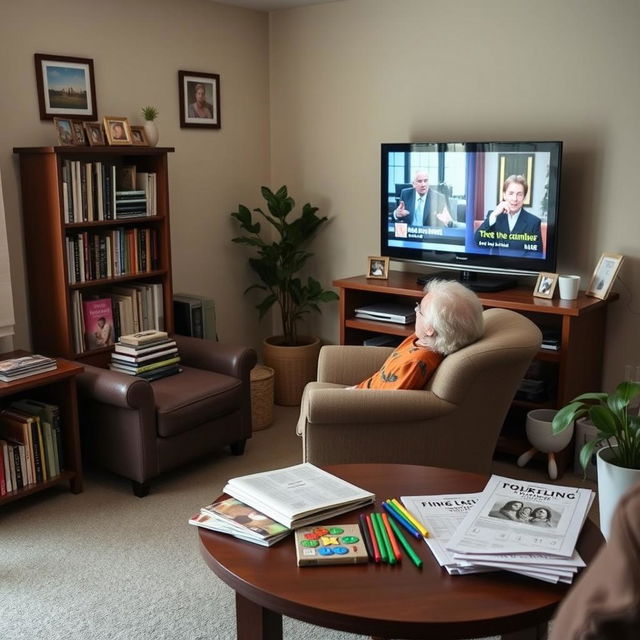 A cozy living room setting designed for elderly patients, featuring an inviting corner with a comfortable armchair, surrounded by a small bookshelf filled with an assortment of books and magazines