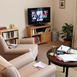 A cozy living room setting designed for elderly patients, featuring an inviting corner with a comfortable armchair, surrounded by a small bookshelf filled with an assortment of books and magazines