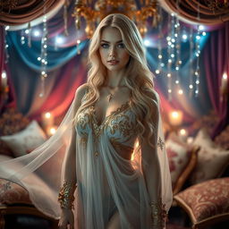 A beautiful blonde woman in an intricate harem setting, surrounded by opulent fabrics and ornate decorations