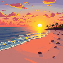 A pixelated beach scene at sunset, where warm, golden light from the setting sun casts long shadows over the sandy shore