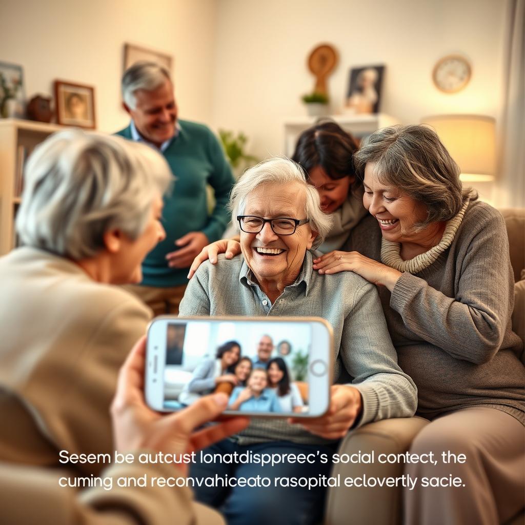 A heartwarming scene depicting an elderly individual happily engaging in social contact with family and friends