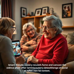 A heartwarming scene depicting an elderly individual happily engaging in social contact with family and friends