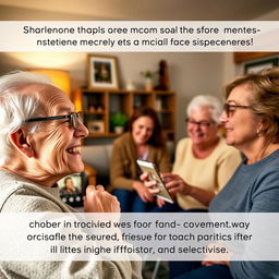 A heartwarming scene depicting an elderly individual happily engaging in social contact with family and friends