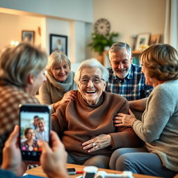 A heartwarming scene depicting an elderly individual happily engaging in social contact with family and friends