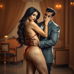 An intimate and sophisticated portrait featuring a beautiful Indian woman reminiscent of Aishwarya Rai, captured in a romantic pose with Salman Khan