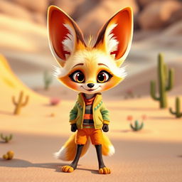 A whimsical anthropomorphic fennec fox standing on two legs, dressed in stylish, colorful clothing