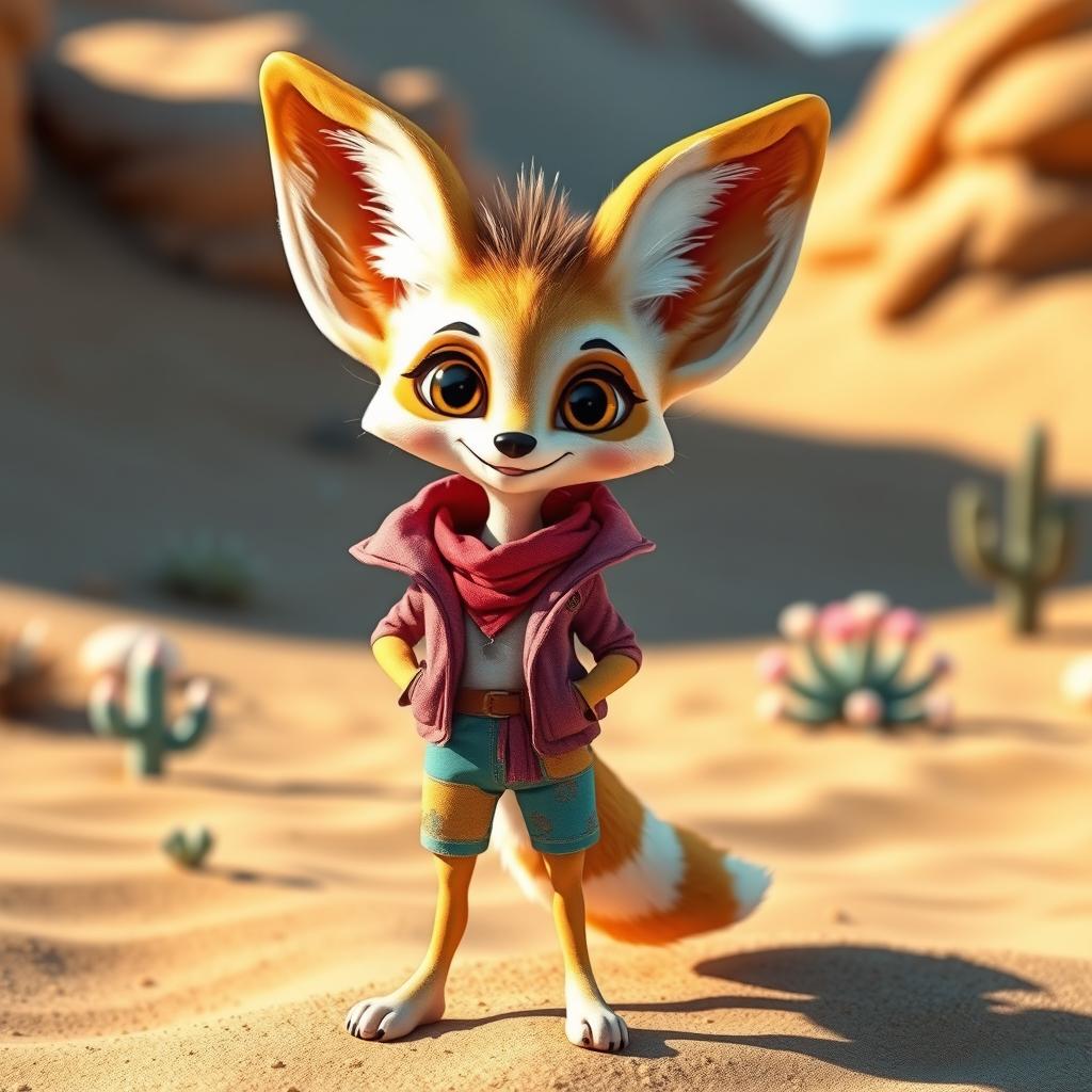 A whimsical anthropomorphic fennec fox standing on two legs, dressed in stylish, colorful clothing