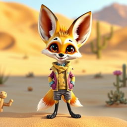 A whimsical anthropomorphic fennec fox standing on two legs, dressed in stylish, colorful clothing