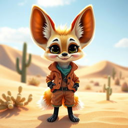 A whimsical anthropomorphic fennec fox standing on two legs, dressed in stylish, colorful clothing