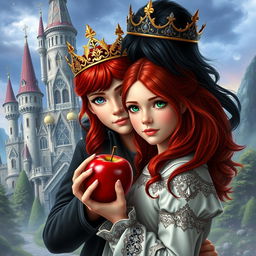 A striking fantasy scene featuring a red-haired girl with vibrant green eyes wearing a delicate golden crown, holding a shiny red apple in her hands