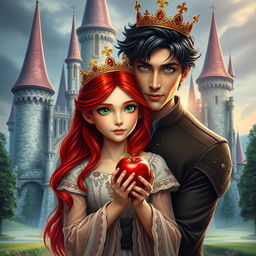 A striking fantasy scene featuring a red-haired girl with vibrant green eyes wearing a delicate golden crown, holding a shiny red apple in her hands