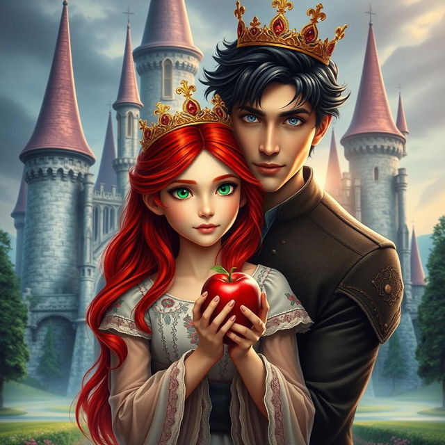 A striking fantasy scene featuring a red-haired girl with vibrant green eyes wearing a delicate golden crown, holding a shiny red apple in her hands