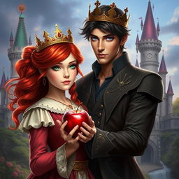 A striking fantasy scene featuring a red-haired girl with vibrant green eyes wearing a delicate golden crown, holding a shiny red apple in her hands