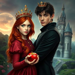 A striking fantasy scene featuring a red-haired girl with vibrant green eyes wearing a delicate golden crown, holding a shiny red apple in her hands