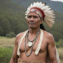 An indigenous man clad in traditional attire from his culture, standing in a natural setting, showing dignity and pride.