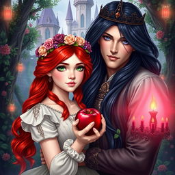 A stunning red-haired girl with vibrant green eyes, elegantly wearing a floral crown, holding a shiny red apple in her hands