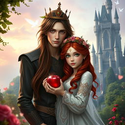 A stunning red-haired girl with vibrant green eyes, elegantly wearing a floral crown, holding a shiny red apple in her hands