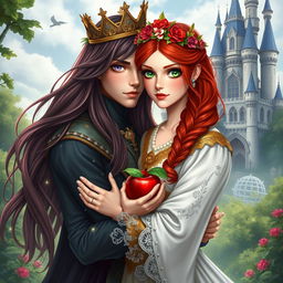 A stunning red-haired girl with vibrant green eyes, elegantly wearing a floral crown, holding a shiny red apple in her hands