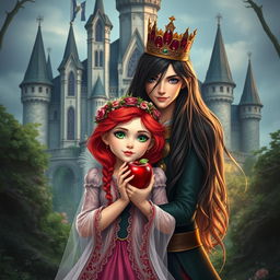 A stunning red-haired girl with vibrant green eyes, elegantly wearing a floral crown, holding a shiny red apple in her hands