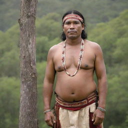 An indigenous man clad in traditional attire from his culture, standing in a natural setting, showing dignity and pride.