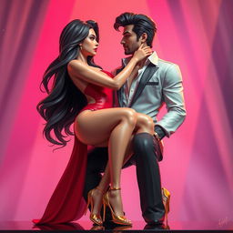 A highly stylized and artistic representation of two well-known Bollywood actors in an intimate moment, set against a vibrant and glamorous backdrop