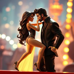 A highly stylized and artistic representation of two well-known Bollywood actors in an intimate moment, set against a vibrant and glamorous backdrop