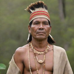 An indigenous man clad in traditional attire from his culture, standing in a natural setting, showing dignity and pride.