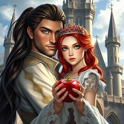 A beautiful red-haired girl with striking green eyes wearing a shimmering crown, holding a shiny red apple in her hands