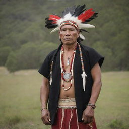 An indigenous man clad in traditional attire from his culture, standing in a natural setting, showing dignity and pride.