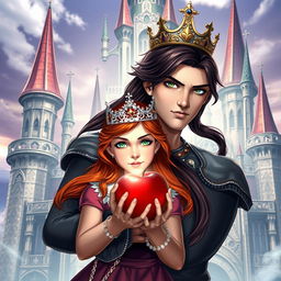 A beautiful red-haired girl with striking green eyes wearing a shimmering crown, holding a shiny red apple in her hands