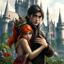 A stunning scene featuring a red-haired girl with vibrant green eyes wearing an ornate crown, embraced warmly by a tall and powerful man who has long dark hair styled in a low ponytail, and captivating lilac eyes