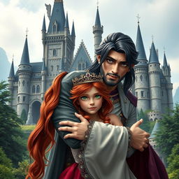 A stunning scene featuring a red-haired girl with vibrant green eyes wearing an ornate crown, embraced warmly by a tall and powerful man who has long dark hair styled in a low ponytail, and captivating lilac eyes