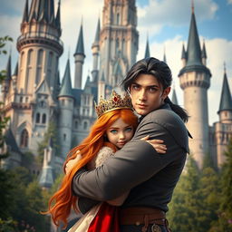 A stunning scene featuring a red-haired girl with vibrant green eyes wearing an ornate crown, embraced warmly by a tall and powerful man who has long dark hair styled in a low ponytail, and captivating lilac eyes