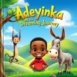 A vibrant and colorful book cover for an animated adventure titled 'Adeyinka and the Dreaming Journey'