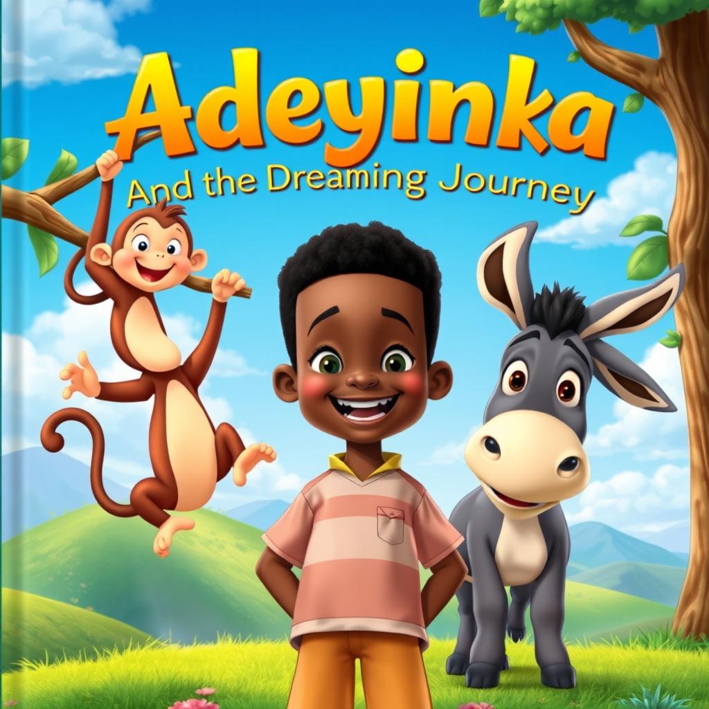 A vibrant and colorful book cover for an animated adventure titled 'Adeyinka and the Dreaming Journey'