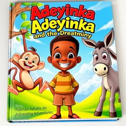 A vibrant and colorful book cover for an animated adventure titled 'Adeyinka and the Dreaming Journey'