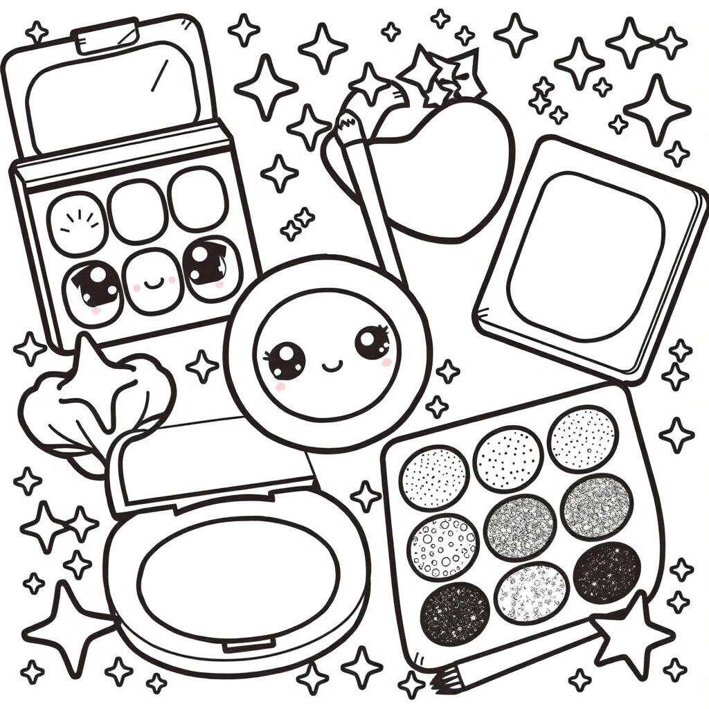 A kawaii-style eyeshadow coloring page featuring large, cute eyeshadow palettes with delightful character faces