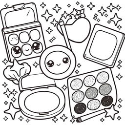 A kawaii-style eyeshadow coloring page featuring large, cute eyeshadow palettes with delightful character faces