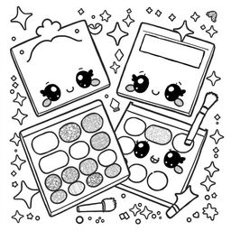 A kawaii-style eyeshadow coloring page featuring large, cute eyeshadow palettes with delightful character faces