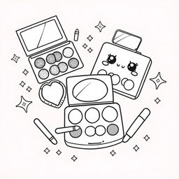 A kawaii-style eyeshadow coloring page featuring large, cute eyeshadow palettes with delightful character faces