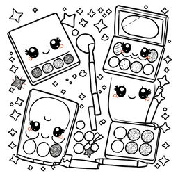 A kawaii-style eyeshadow coloring page featuring large, cute eyeshadow palettes with delightful character faces