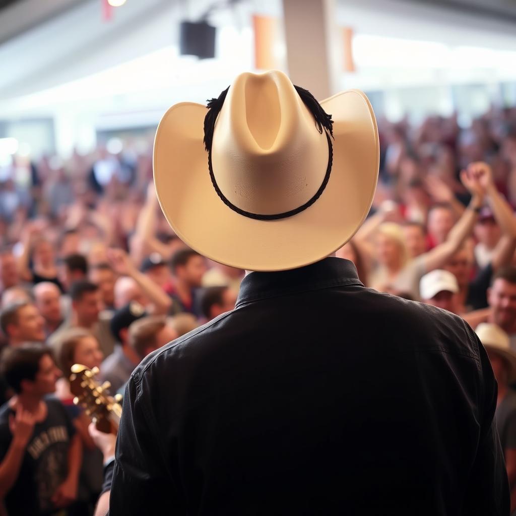 A country male singer with short black hair, wearing a white hat that obscures his face, holding a guitar