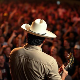 A country male singer with short black hair, wearing a white hat that obscures his face, holding a guitar