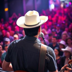 A country male singer with short black hair, wearing a white hat that obscures his face, holding a guitar