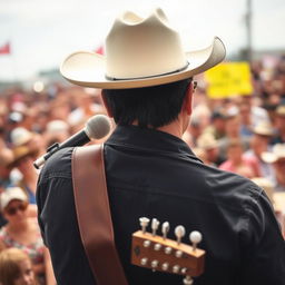 A country male singer with short black hair, wearing a white hat that obscures his face, holding a guitar