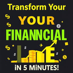 A captivating thumbnail representing the theme "Transform Your FINANCIAL LIFE in 5 Minutes!" The background is dark to create a strong contrast, with eye-catching, bold text saying the phrase in bright, vibrant colors like gold and neon green