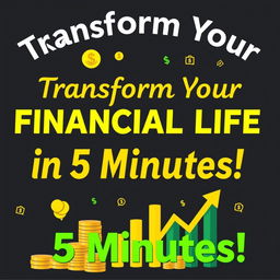 A captivating thumbnail representing the theme "Transform Your FINANCIAL LIFE in 5 Minutes!" The background is dark to create a strong contrast, with eye-catching, bold text saying the phrase in bright, vibrant colors like gold and neon green