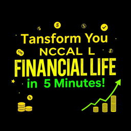 A captivating thumbnail representing the theme "Transform Your FINANCIAL LIFE in 5 Minutes!" The background is dark to create a strong contrast, with eye-catching, bold text saying the phrase in bright, vibrant colors like gold and neon green