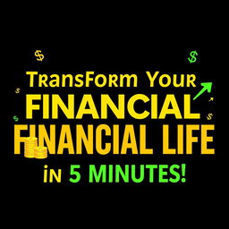 A captivating thumbnail representing the theme "Transform Your FINANCIAL LIFE in 5 Minutes!" The background is dark to create a strong contrast, with eye-catching, bold text saying the phrase in bright, vibrant colors like gold and neon green