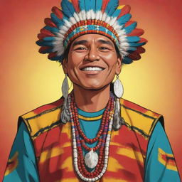 A vivid, colorful cartoon of an indigenous man proudly wearing his traditional attire, displayed in a fun, animated style.